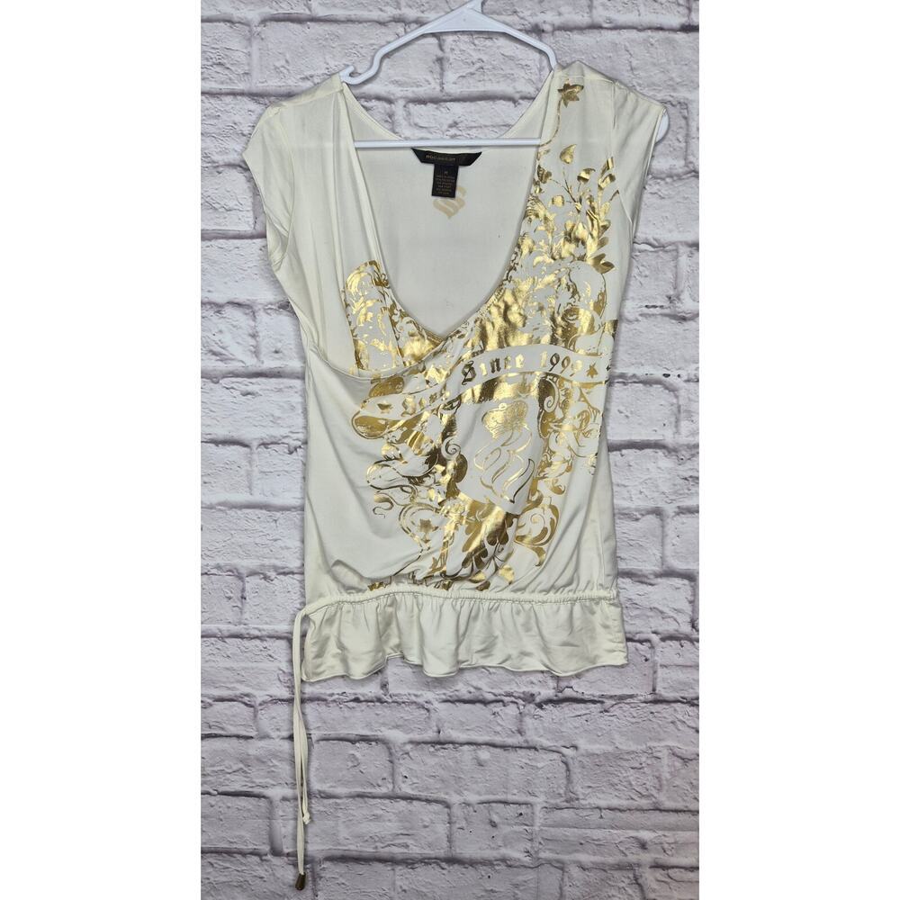 Vintage Rocawear Y2K Top Size M Cream Gold Graphic Tee Foil Print Blouse 90s
